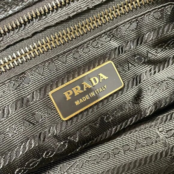 Auth PRADA - Black Dark Brown Multi Canvas Leather Handbag - Picture 7 of 8